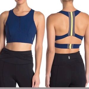 Free People Blue Zip-Front Racerback Sports Bra with Navy Trim